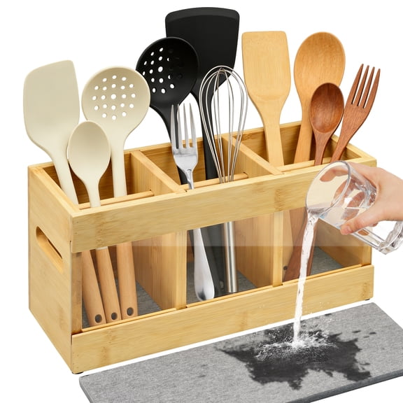 Sentryse Kitchen Utensil Holder with 6 Compartments, Wooden Utensil Holder for Kitchen Counter, Cooking Utensils Organizer with Quick Dry Diatomite Base, Acacia Rustic Wood, Small Size
