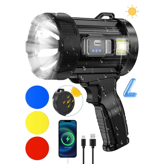 Sentryse Rechargeable Spotlight Flashlight, 99,000 Lumens Super Bright Handheld Spotlight, Long Running Spot Light Searchlight with Solar Panels for Hunting Boating Camping, Black Large