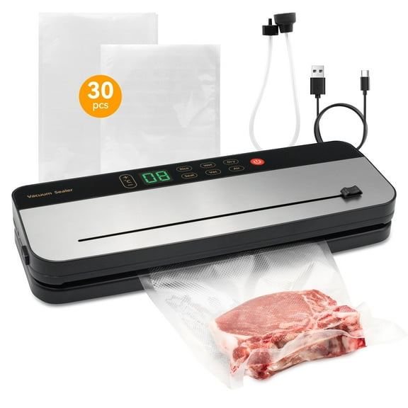 Food Vacuum Sealer Machine with 30 Vacuum Bags, 6 in 1 Rechargeable Vacuum Sealer with Dry & Moist Food Modes, Built-in Cutter, Detachable, Compact Food Sealer for Kitchen Travel Fridge Meal Prep