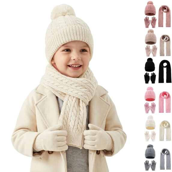 Sentuca 3 Pcs Kids Winter Hat Gloves Scarf Set Pom Pom Knit Beanie Long Scarf and Gloves Warm Cold Weather Accessory for Boys Girls Size 3-12Y
