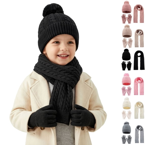 Sentuca 3 Pcs Kids Winter Hat Gloves Scarf Set Pom Pom Knit Beanie Long Scarf and Gloves Warm Cold Weather Accessory for Boys Girls Size 3-12Y