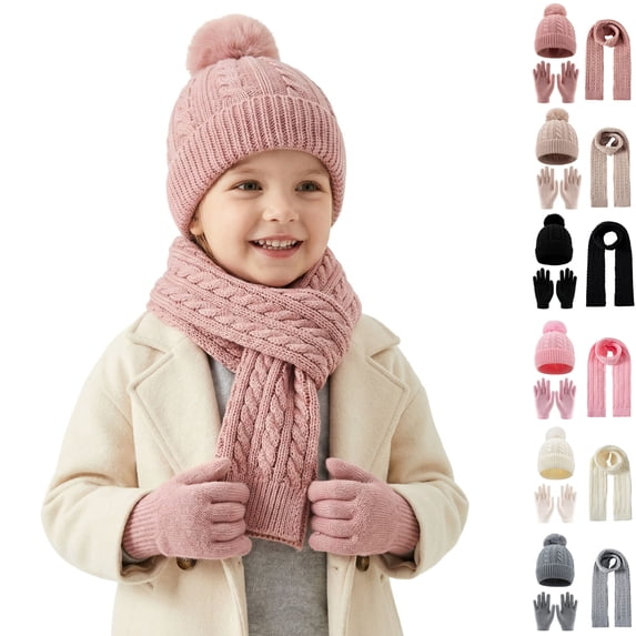 Sentuca 3 Pcs Kids Winter Hat Gloves Scarf Set Pom Pom Knit Beanie Long Scarf and Gloves Warm Cold Weather Accessory for Boys Girls Size 3-12Y