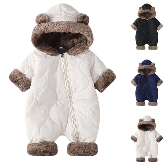 Sentuca Baby Bodysuits Winter Hooded Puffer Romper Ears Snowsuit Cute Solid Color Warm Fleece Zipper Boys Girls Hoodie Rompers Black 18-24M