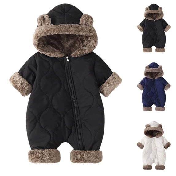 Sentuca Baby Bodysuits Winter Hooded Puffer Romper Ears Snowsuit Cute Solid Color Warm Fleece Zipper Boys Girls Hoodie Rompers Black 6-12M