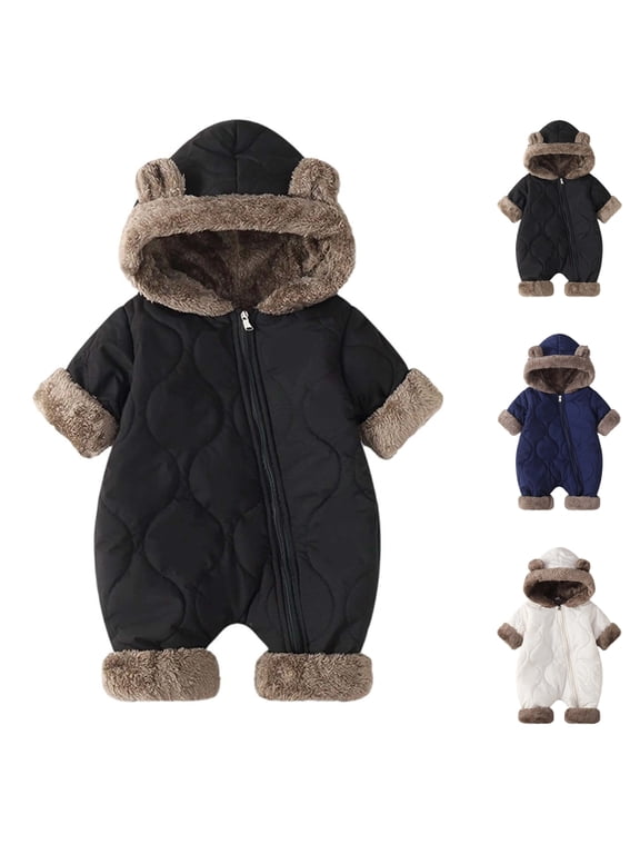 Baby Bodysuits Winter Hooded Puffer Romper Ears Snowsuit Cute Solid Color Warm Fleece Zipper Boys Girls Hoodie Rompers Black 6-12M