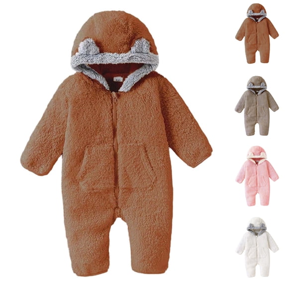 Sentuca Baby Boys Girls Bodysuit Cute Solid Color Warm Fleece Hoodie Rompers Long Sleeved Zipper Winter Jumpsuit Brown 3-6M