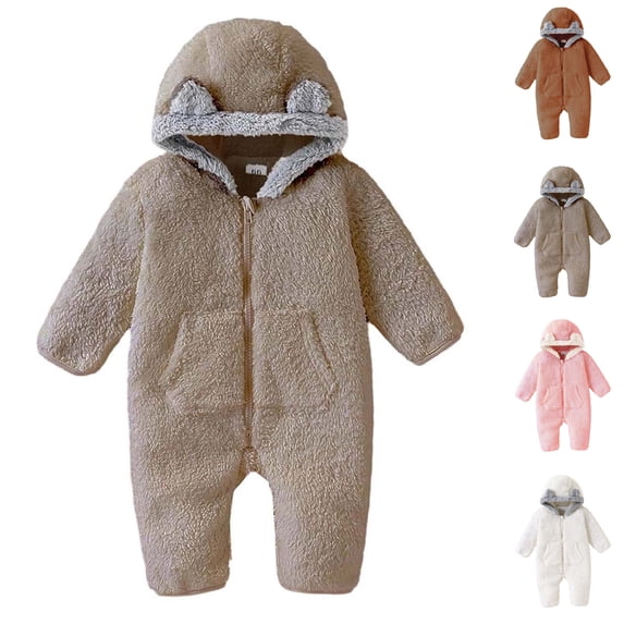 Sentuca Baby Boys Girls Bodysuit Cute Solid Color Warm Fleece Hoodie Rompers Long Sleeved Zipper Winter Jumpsuit Gray 12-18M