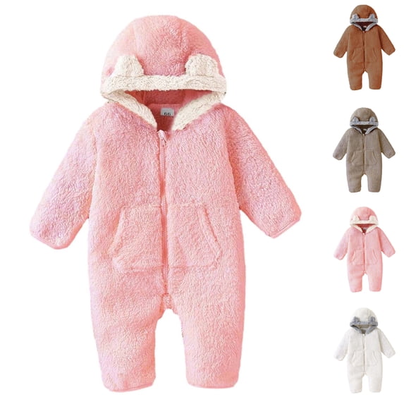 Sentuca Baby Boys Girls Bodysuit Cute Solid Color Warm Fleece Hoodie Rompers Long Sleeved Zipper Winter Jumpsuit Pink 3-6M