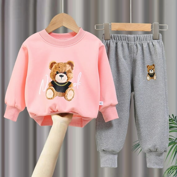 Sentuca Baby Girls Clothes Long Sleeve Crew Neck Teddy Bear Printed Sweatshirts and Sweatpants Elastic Waist Two-piece Outfit Sets Size 0 Months