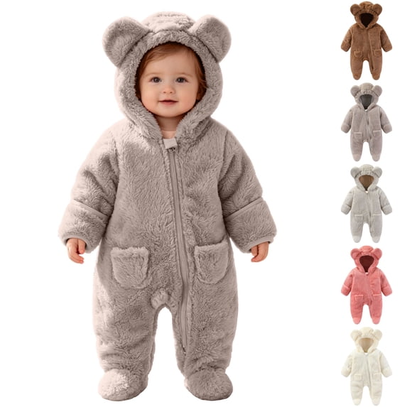 Sentuca Baby Romper Hooded, Boys Girls Cute Warm Fleece Bodysuit Solid Color Long Sleeve Zipper Newborn Infants Jumpsuits Dark Gray Size 6M