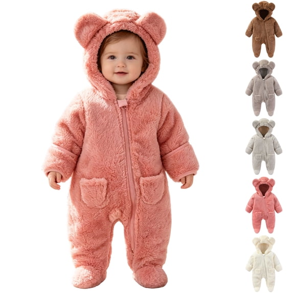 Sentuca Baby Romper Hooded, Boys Girls Cute Warm Fleece Bodysuit Solid Color Long Sleeve Zipper Newborn Infants Jumpsuits Pink Size 12M