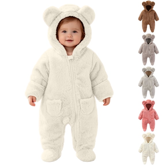 Sentuca Baby Romper Hooded, Boys Girls Cute Warm Fleece Bodysuit Solid Color Long Sleeve Zipper Newborn Infants Jumpsuits White Size 12M