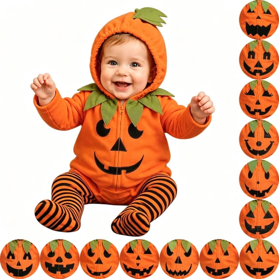 Sentuca Baby Romper Hooded Halloween Pumpkin Printed Zip-Up Long Sleeve Pant Jumpsuit Cute Newborn Boys Girls Bodysuit Orange Size 3-6M