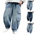 thumbnail image 1 of Sentuca Boys Baggy Jeans Straight Wide Leg Denim Cargo Pants with Pockets Casual Elastic Waist Loose Y2k Fashion Streetwear Kids Trousers Size 5-6Y, 1 of 7