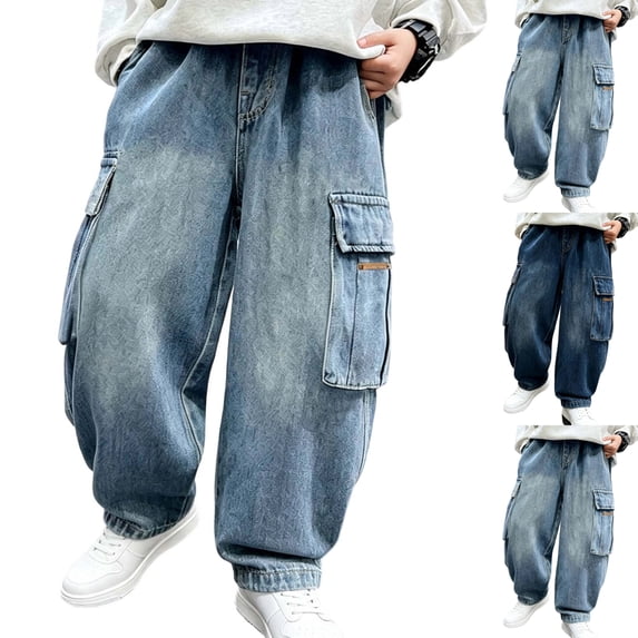 Sentuca Boys Baggy Jeans Straight Wide Leg Denim Cargo Pants with Pockets Casual Elastic Waist Loose Y2k Fashion Streetwear Kids Trousers Size 5-6Y