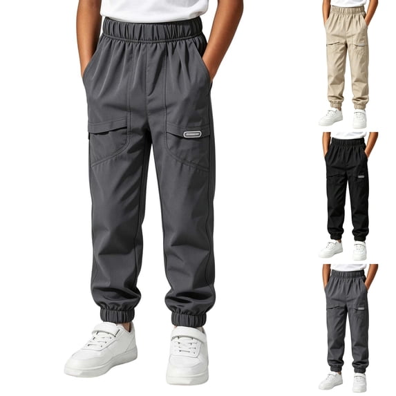 Sentuca Boys Cargo Pants, Elastic Bottom Solid Color Jogger Pants with Pockets Fashion Leisure Sports Teens Trousers Dark Gray Size 14-15Y