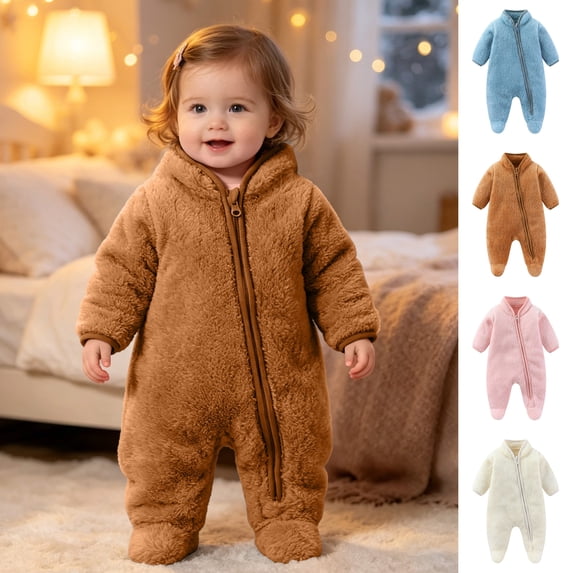 Sentuca Boys Girls Baby Romper, Cute Solid Color Warm Fleece Jumpsuit Long Sleeve Zipper Bodysuit Brown Size 3M