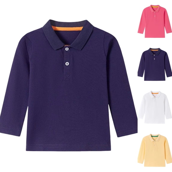 Sentuca Boys Girls Cotton Polo Shirt Long Sleeve Collared Uniform Tops Back to School Casual Kids Shirts Size 6-7Y Purple