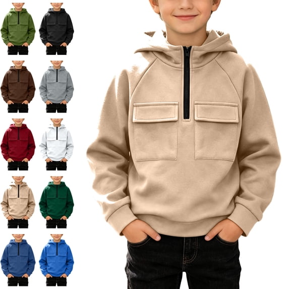 Sentuca Boys Hoodies Half Zip Fleece Pullover Sweatshirts with Pockets Long Sleeve Fall Winter Warm Sports Tween Tops Size 12Y