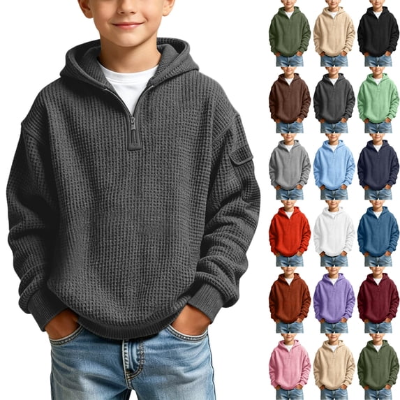 Sentuca Boys Hoodies Quarter Zip Waffle Knit Hooded Sweatshirts Long Sleeve Fashion Casual School Kids Clothes Size 9-10Y Dark Gray