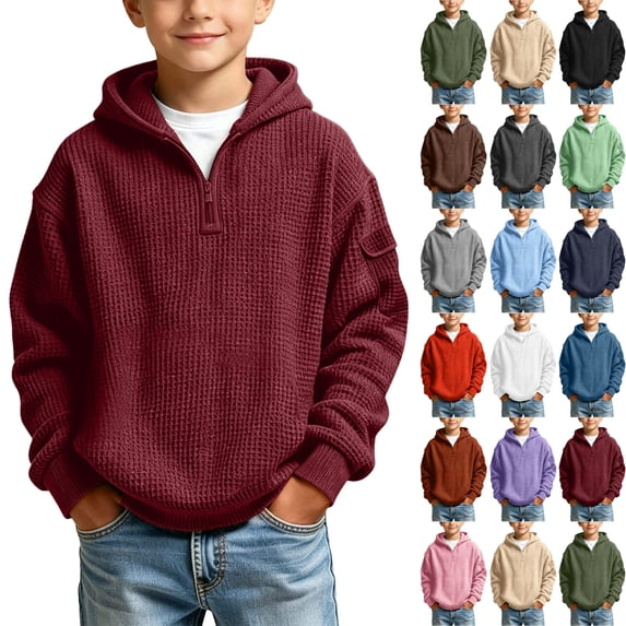 Sentuca Boys Hoodies Quarter Zip Waffle Knit Hooded Sweatshirts Long Sleeve Fashion Casual School Tween Clothes Size 13-14Y Wine