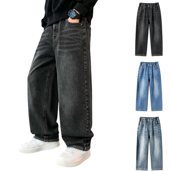 Sentuca Boys Jeans Baggy Straight Leg Elastic Waist Denim Pants with Pockets Loose Streetwear Wide Leg Kids Trousers Size 5-6Y