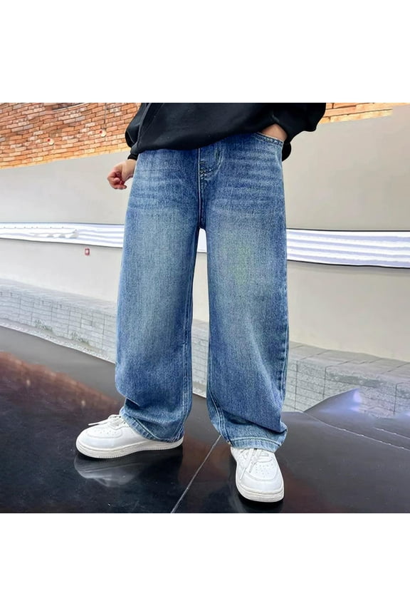 Boys Jeans Straight Wide Leg Jeans Elastic Waist Casual Denim Pants with Pockets Y2K Streetwear Kids Clothes Size 12 Years