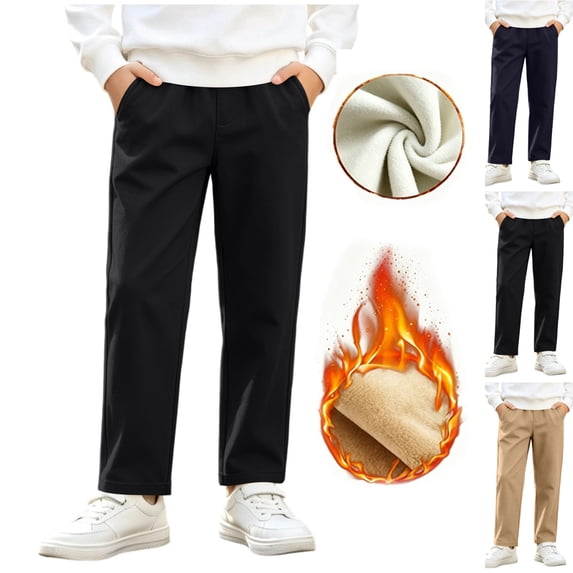 Sentuca Boys School Pants Fleece Lined Straight Uniform Pants with Pockets Casual Warm Back to School Kids Trousers Size 3-4Y Black
