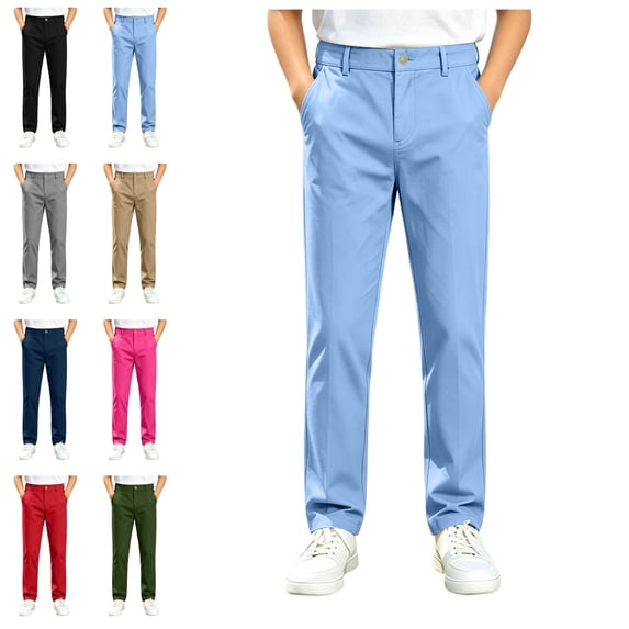 Sentuca Boys School Uniform Pants, Straight Chino Pants with Pockets Classic Flat Front Casual Back to School Teen Trousers Size 14-15Y Black