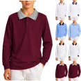 thumbnail image 1 of Sentuca Boys School Uniform Polo Shirt Classic Button Up Long Sleeve Top Color Block Comfort Casual Back to School Kids Shirts Size 3-4Y Wine, 1 of 6
