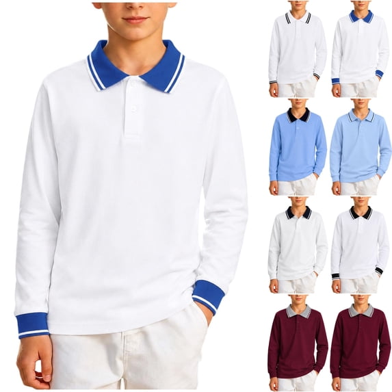 Sentuca Boys School Uniform Polo Shirt Classic Button Up Long Sleeve Top Color Block Comfort Casual Back to School Tween Shirts Size 12-13Y Navy