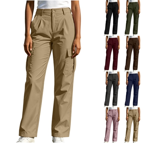 Sentuca Cargo Pants for Women with Pockets Elastic Waist Button Pants Solid Color Sports Hiking Travel Trousers Khaki L