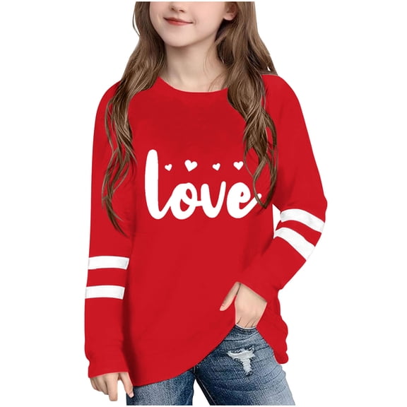 Sentuca Cute Girls Heart Print Shirts, Valentines Day Long Sleeve T Shirts, Soft Relaxed Everyday Tees Size 13 Years