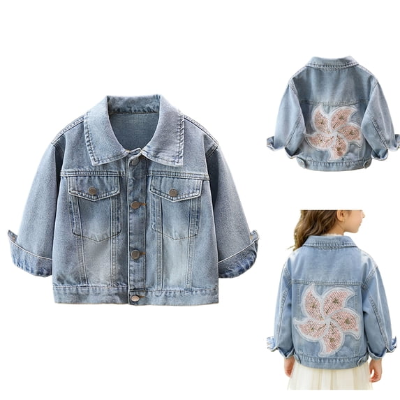 Sentuca Denim Jackets for Girls Size 2Y Button Down Embroidery Jean Jackets Coat with Pockets Long Sleeve Fashion Solid Color Cute Kids Coats