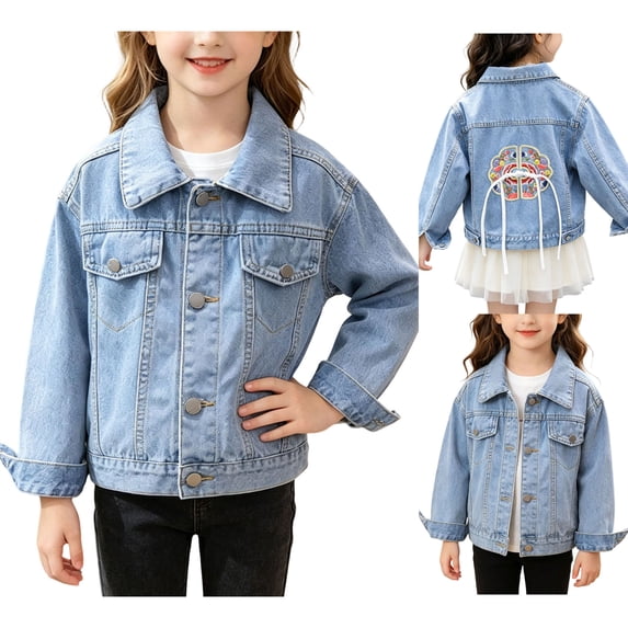Sentuca Denim Jackets for Girls Size 2Y Button Down Embroidery Jean Jackets Coat with Pockets Long Sleeve Fashion Solid Color Cute Toddlers Coats