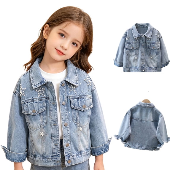 Sentuca Denim Jackets for Girls Size 3Y Sequin Pearl Button Down Long Sleeve Jean Jackets with Pockets Long Sleeves Cute Toddlers Coats
