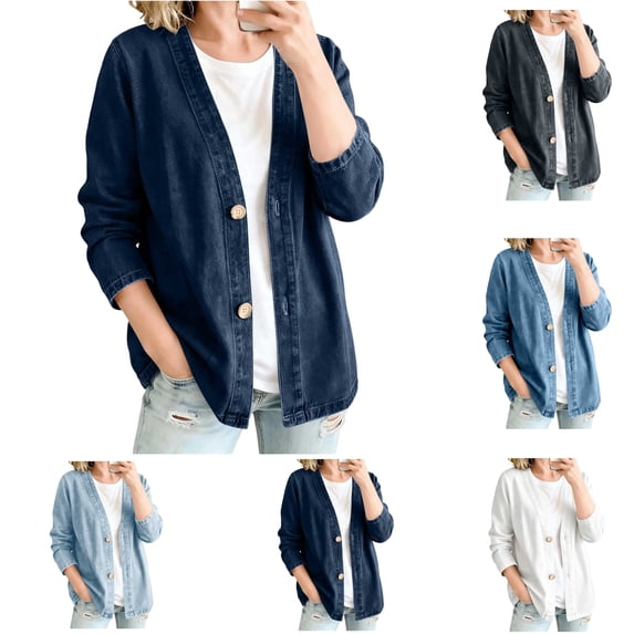Sentuca Denim Jackets for Women Classic Button Front Breathable Stretch Jacket Relaxed Lightweight Casual Long Sleeve Cardigan Coats Dark Blue S