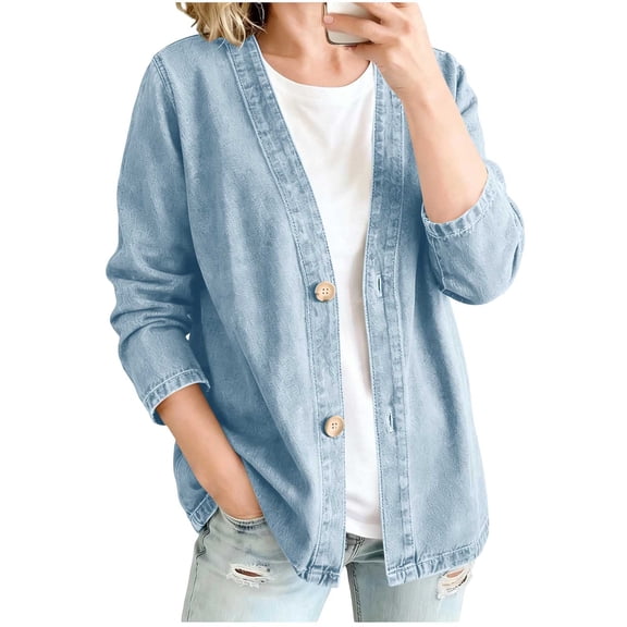 Sentuca Denim Jackets for Women Classic Button Front Breathable Stretch Jacket Relaxed Lightweight Casual Long Sleeve Cardigan Coats Light Blue S