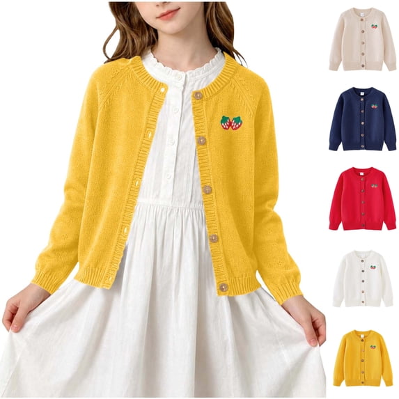Sentuca Girls Cardigan Sweater, Long Sleeve Button Down Crewneck Sweater Kids Solid Embroidery Coat Size 9-10Y Yellow