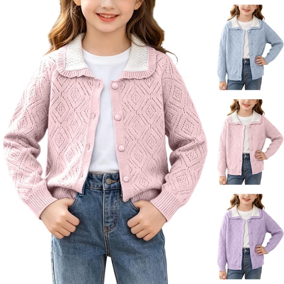 Sentuca Girls Cardigan Sweaters Size 2Y Lightweight Hollow Out Button Up Cute Cardigan Coat Fashion Long Sleeve Solid Color Toddlers Outerwear Pink