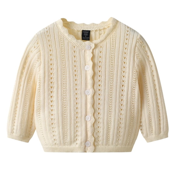 Sentuca Girls Cardigan Sweaters Size 3-4Y Knitted Openwork Long Sleeve Cardigan Lightweight Button-up Solid Color Casual Comfortable Kids Sweater Coats Beige