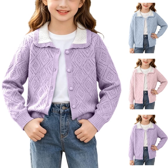 Sentuca Girls Cardigan Sweaters Size 8Y Lightweight Hollow Out Button Up Cute Cardigan Coat Fashion Long Sleeve Solid Color Kids Outerwear Purple