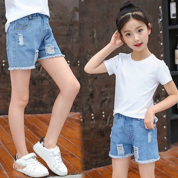 Sentuca Girls Denim Shorts Elastic Waist Hem Straight Leg Jean Shorts for Summer Kids Clothes, Size 8 Years
