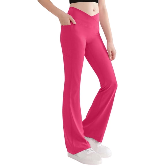 Sentuca Girls Leggings Size 8 Years, Solid Color Casual Flare Pants with Pockets Comfort Slim Fit Yoga Pants for Kids Clothes