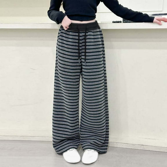 Sentuca Girls Pants Casual Stripe Drawstring Straight-leg Pants Baggy Sweatpants for Kids Clothes