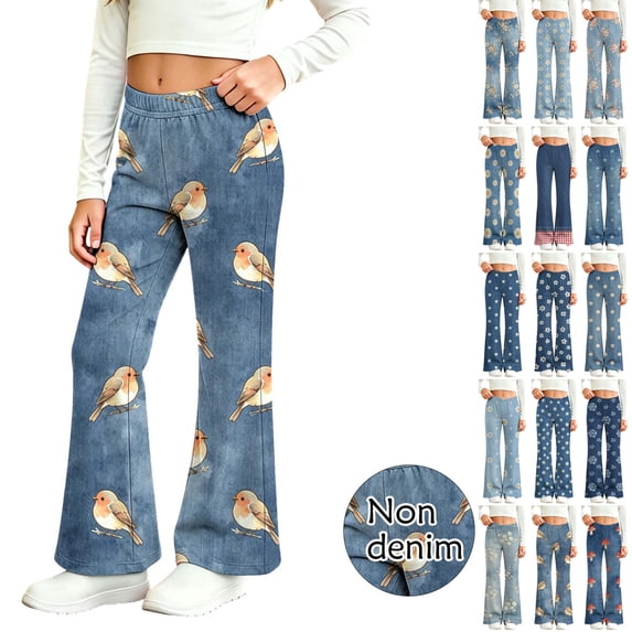 Sentuca Girls Pants Faux Denim Elastic Waist Flare Floral Print Pants Casual Stretchy Comfortable Kids Trousers Size 10