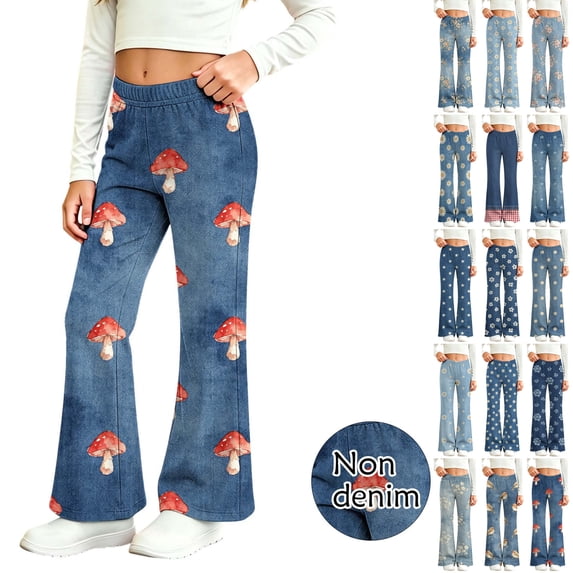 Sentuca Girls Pants Faux Denim Elastic Waist Flare Floral Print Pants Casual Stretchy Comfortable Kids Trousers Size 10