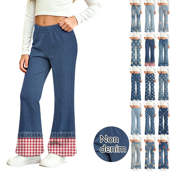 Sentuca Girls Pants Faux Denim Elastic Waist Flare Floral Print Pants Casual Stretchy Comfortable Toddler Trousers Size 3