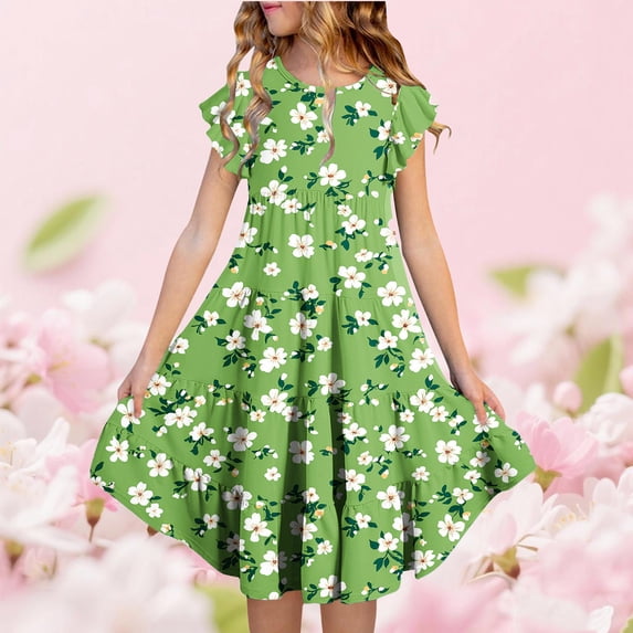 Sentuca Girls Summer Dress Short Sleeve Casual A-Line Flower Dresses Ruffled Twirl Sundress Size 10-11Years