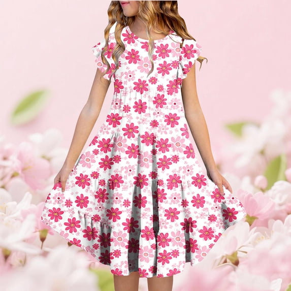 Sentuca Girls Summer Dress Short Sleeve Casual A-Line Flower Dresses Ruffled Twirl Sundress Size 4-5 Years